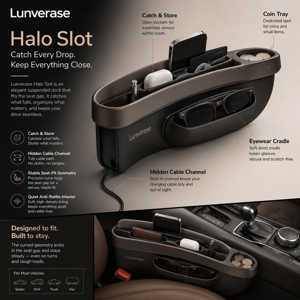 Lunverase™ HaloSlot SpillGuard Side Console Caddy