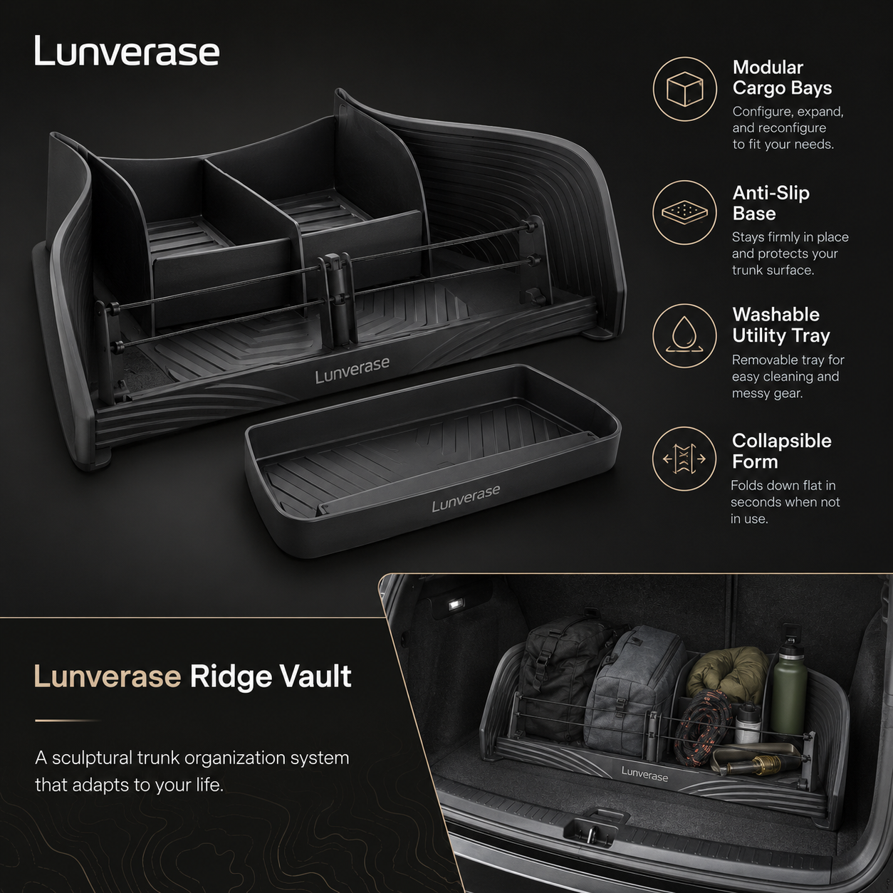 Lunverase™ RidgeVault Expandable Cargo Organizer